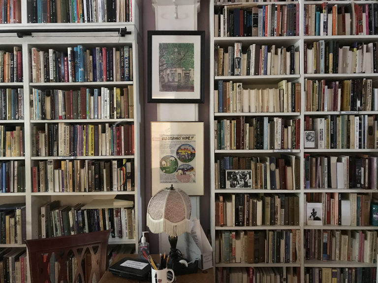 A decorative vintage lamp sits on a small table in front of a bookshelf-lined wall.